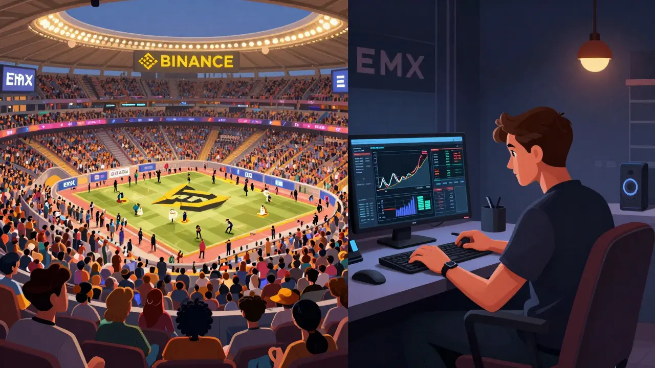 Illustration contrasting busy mainstream exchange with quiet niche trading lounge