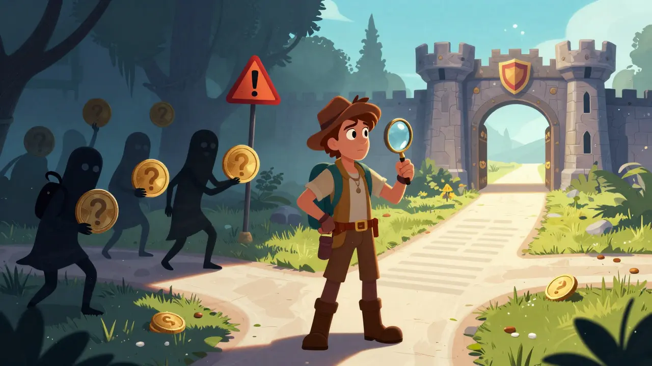 Illustration of a character choosing a safe path over a dark, scam-filled alley while inspecting a link with a magnifying glass.