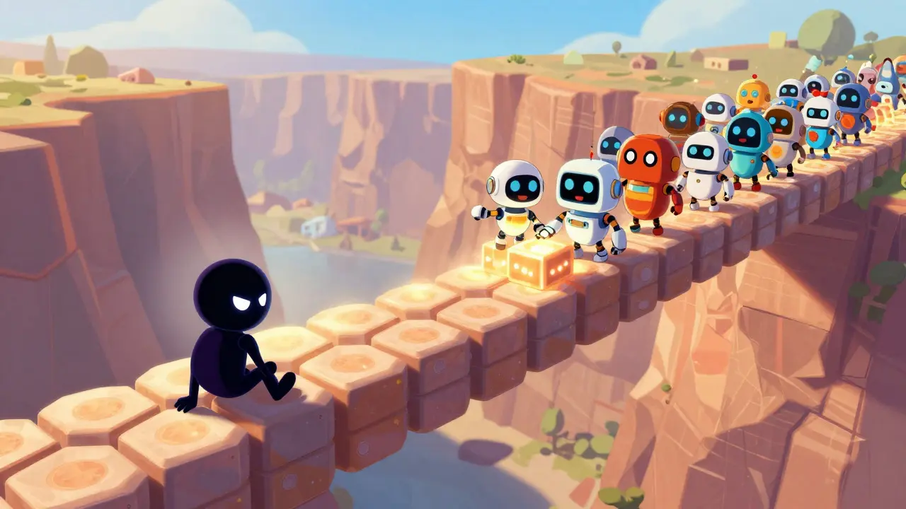 Illustration of robots building a long bridge while a defeated attacker fades away