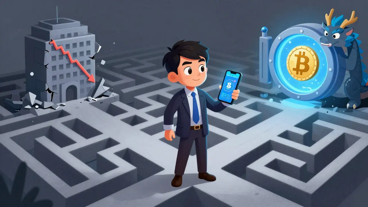 Investor choosing between failing stocks and risky crypto paths.
