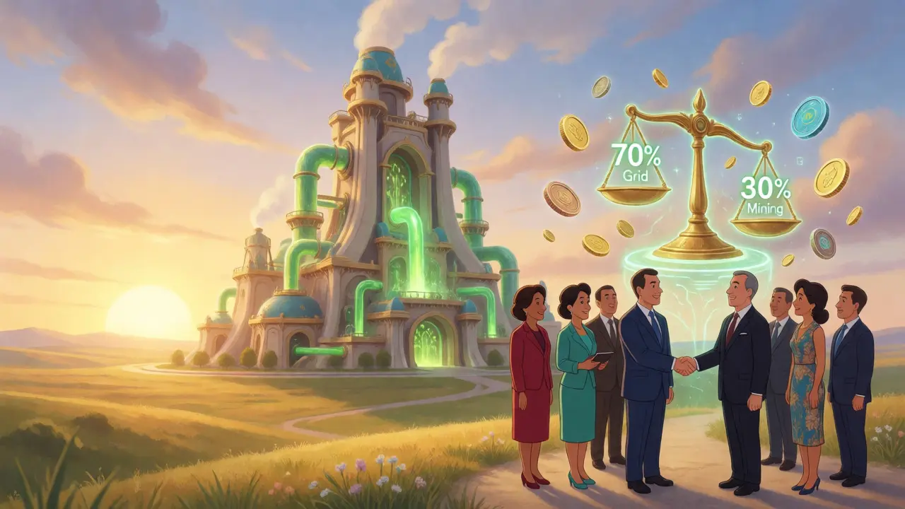 Investors and officials shaking hands near a whimsical power plant with floating tokens.