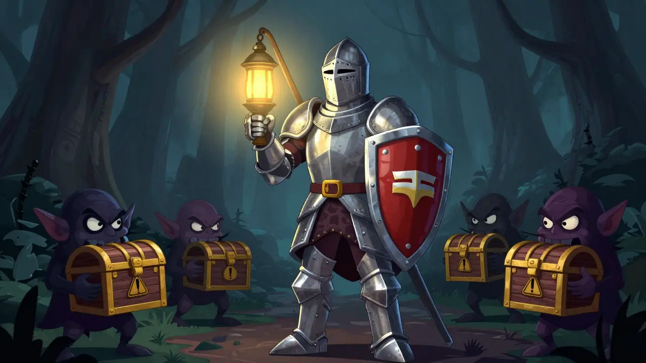 Knight protecting against scam goblins in dark forest