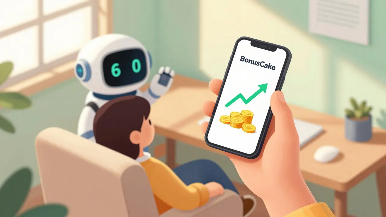 Relaxed person checking phone rewards while a robot timer counts down in a sunny room.