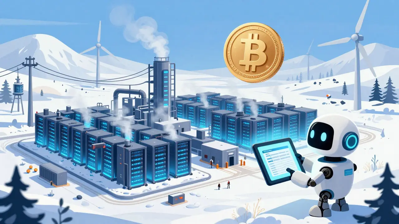 Siberian crypto mining farm with glowing servers in snow