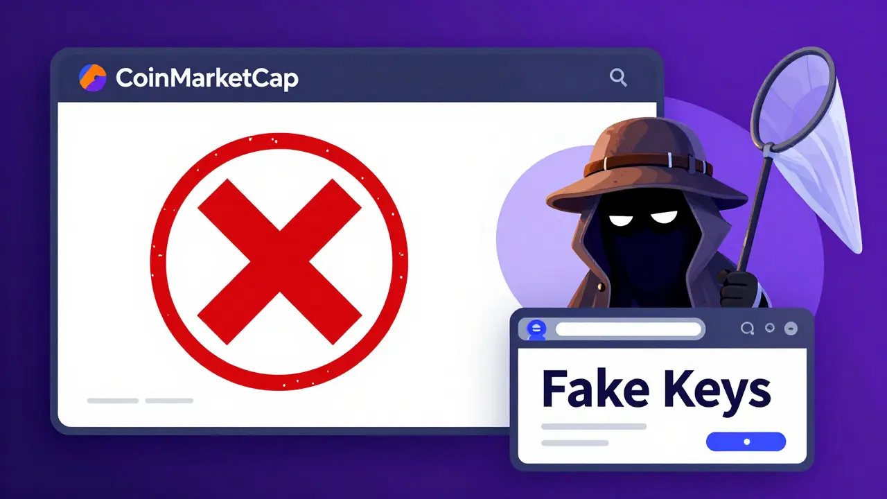 Split screen showing real site vs shady scammer character