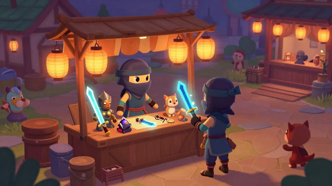 Stylized cartoon characters trading glowing NFT weapons at a virtual village market