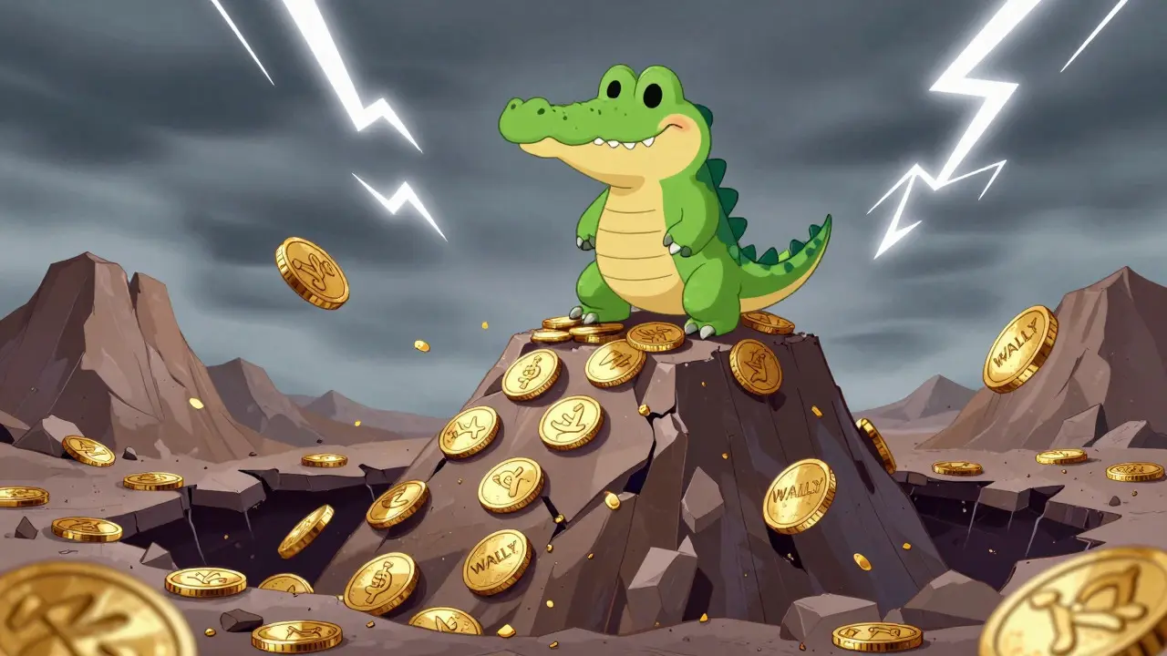 Tiny alligator standing on crumbling coin mountain in stormy sky.