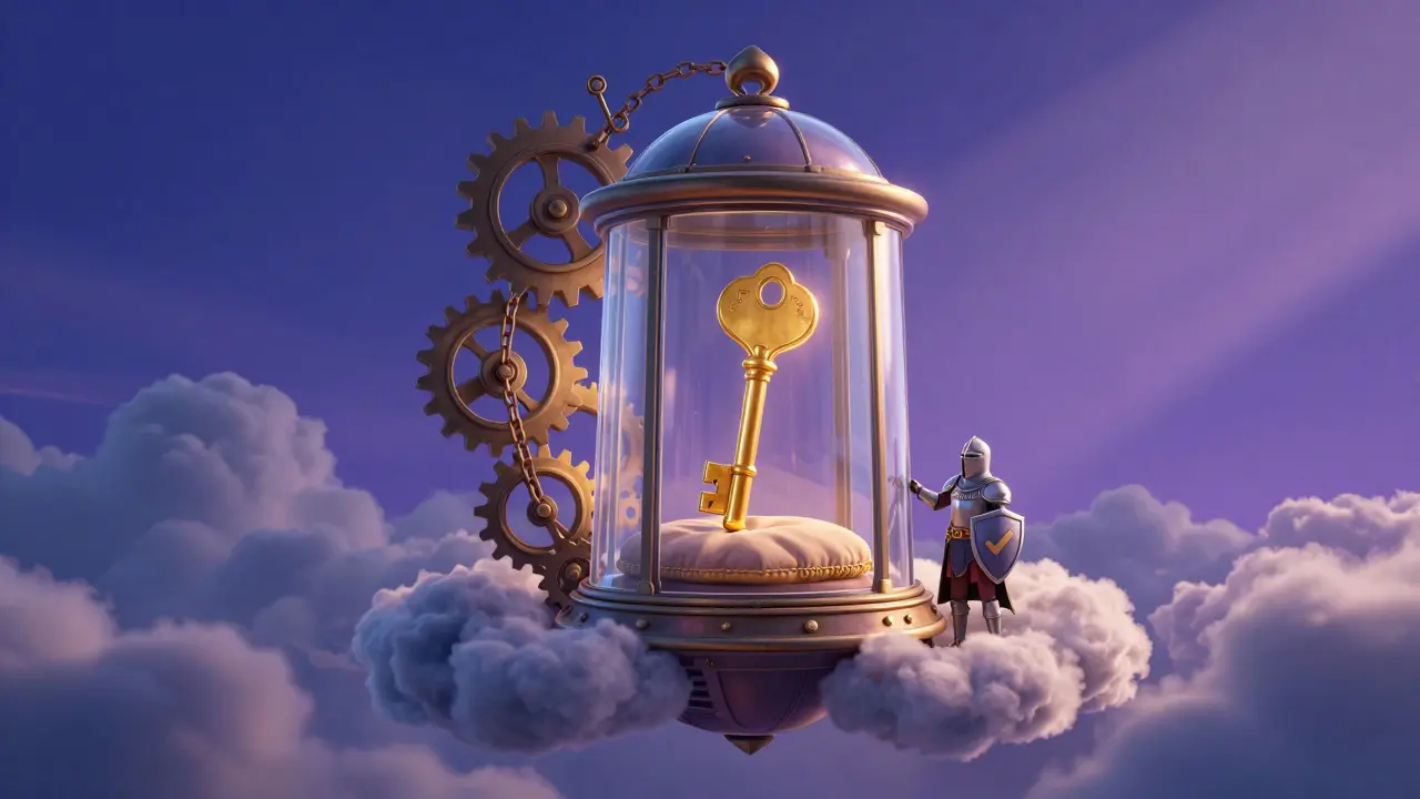 Transparent glass vault with a golden key floating in a cloudy sky, guarded by a knight