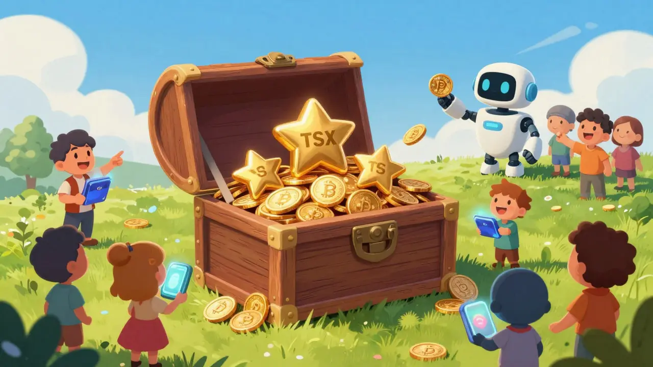 Treasure chest full of star coins with happy characters gathering