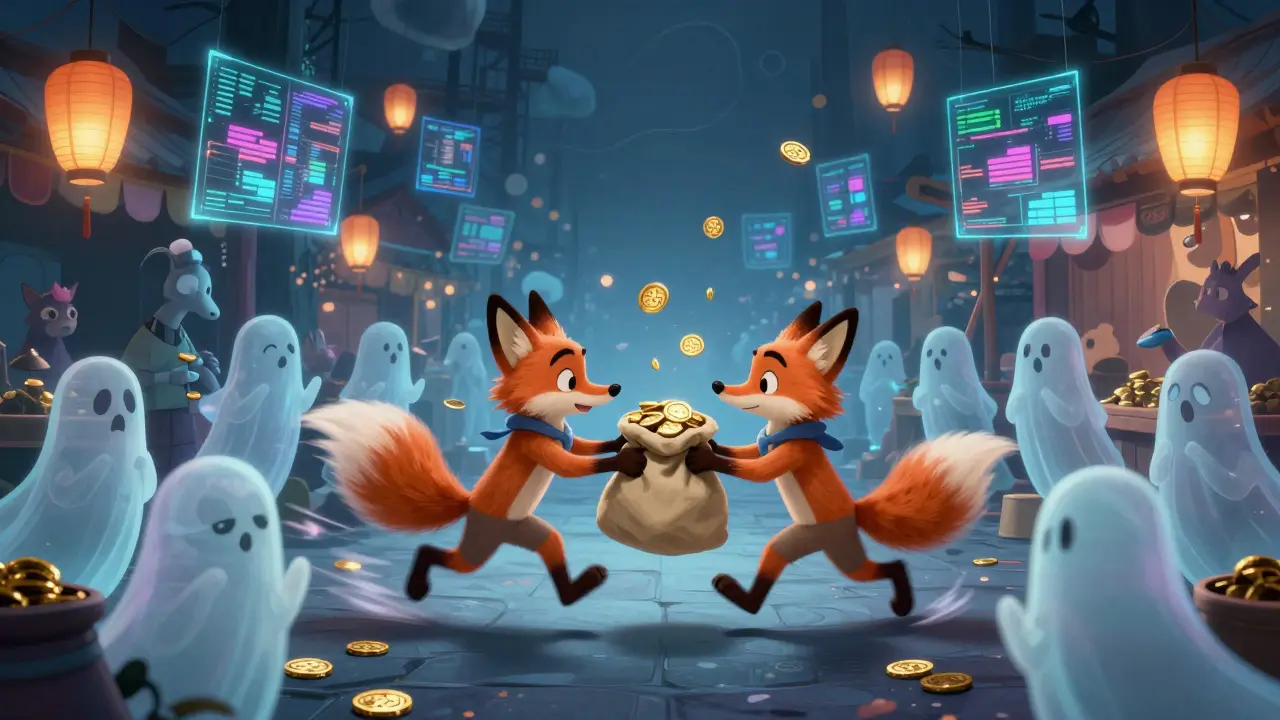 Two foxes trade coins rapidly among ghostly figures in a chaotic, glitching digital marketplace