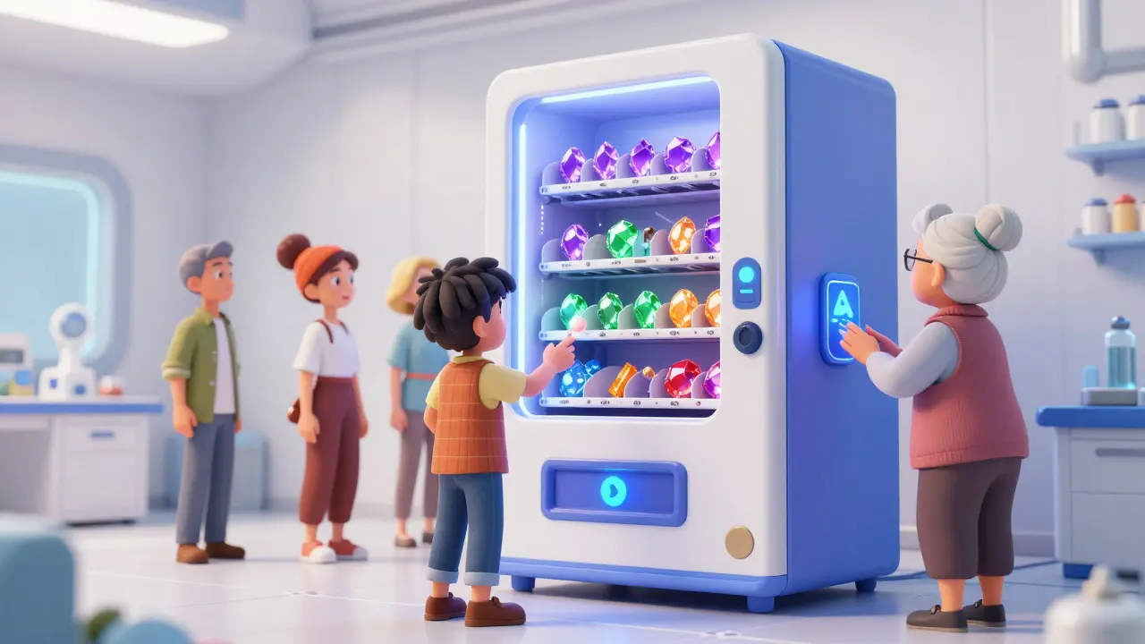 Whimsical vending machine dispensing glowing crypto tokens to cartoon users