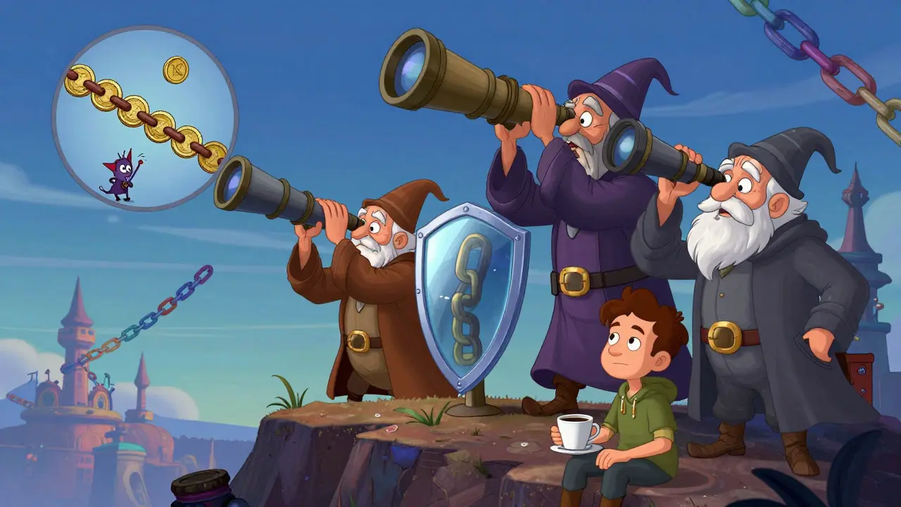 Wizards monitoring blockchain chains with telescopes while a user waits calmly