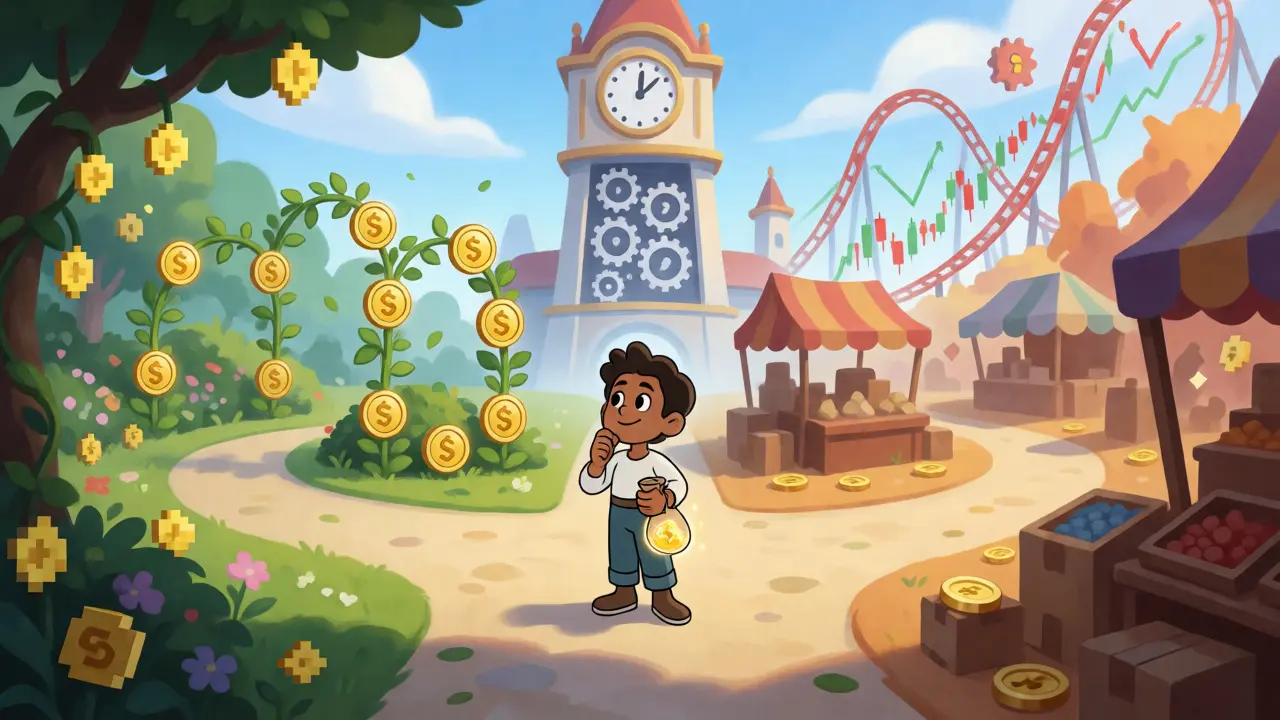 A character choosing between staking RVLVR tokens in a garden or trading them in a market.