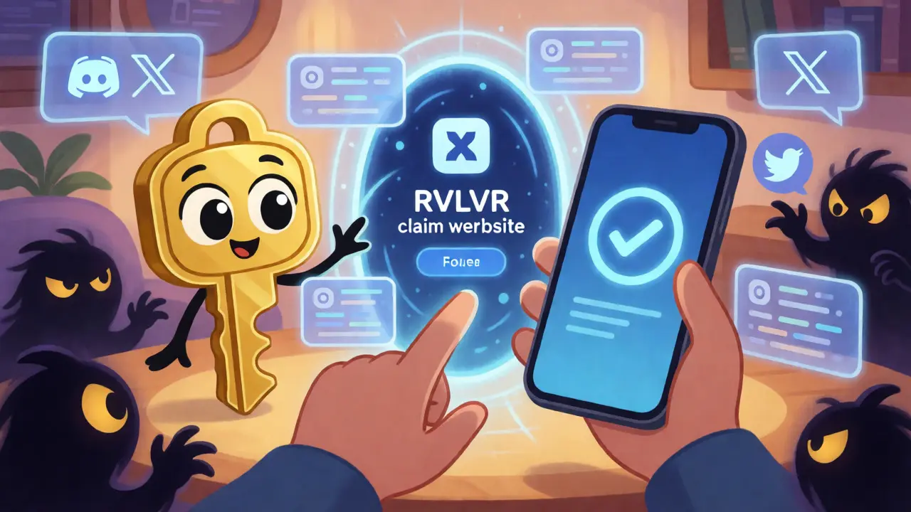 A digital key guiding a user through a secure portal to verify their RVLVR airdrop eligibility.