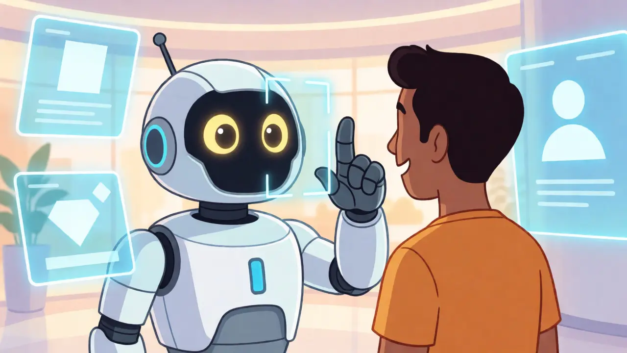A friendly robot scanning a user for facial recognition