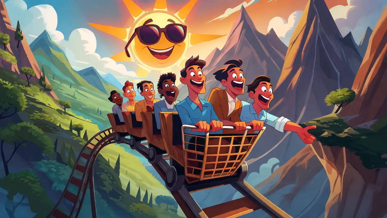 Animated investors on a rollercoaster representing the volatility and potential of the OSOL AI Index.