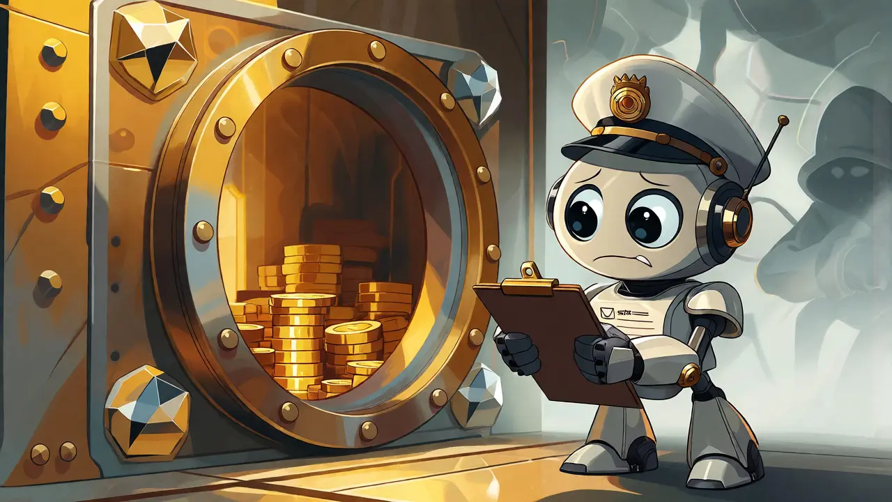 Animated robot guard checking a secure vault of crypto assets against hidden threats.
