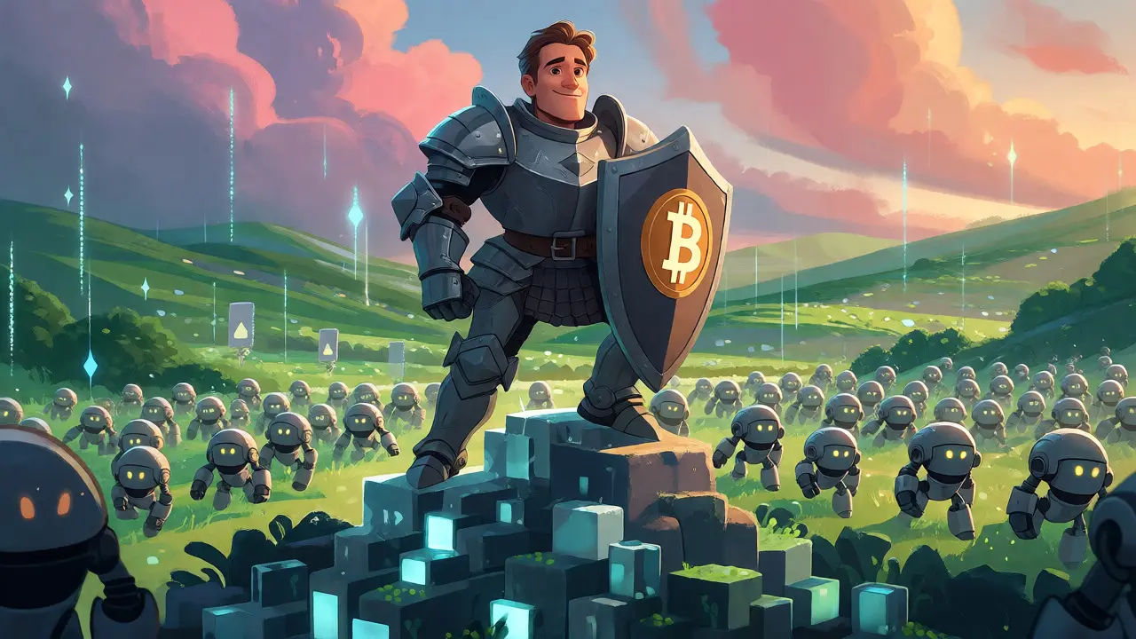 Armored knight protecting a mountain of digital blocks from a distance