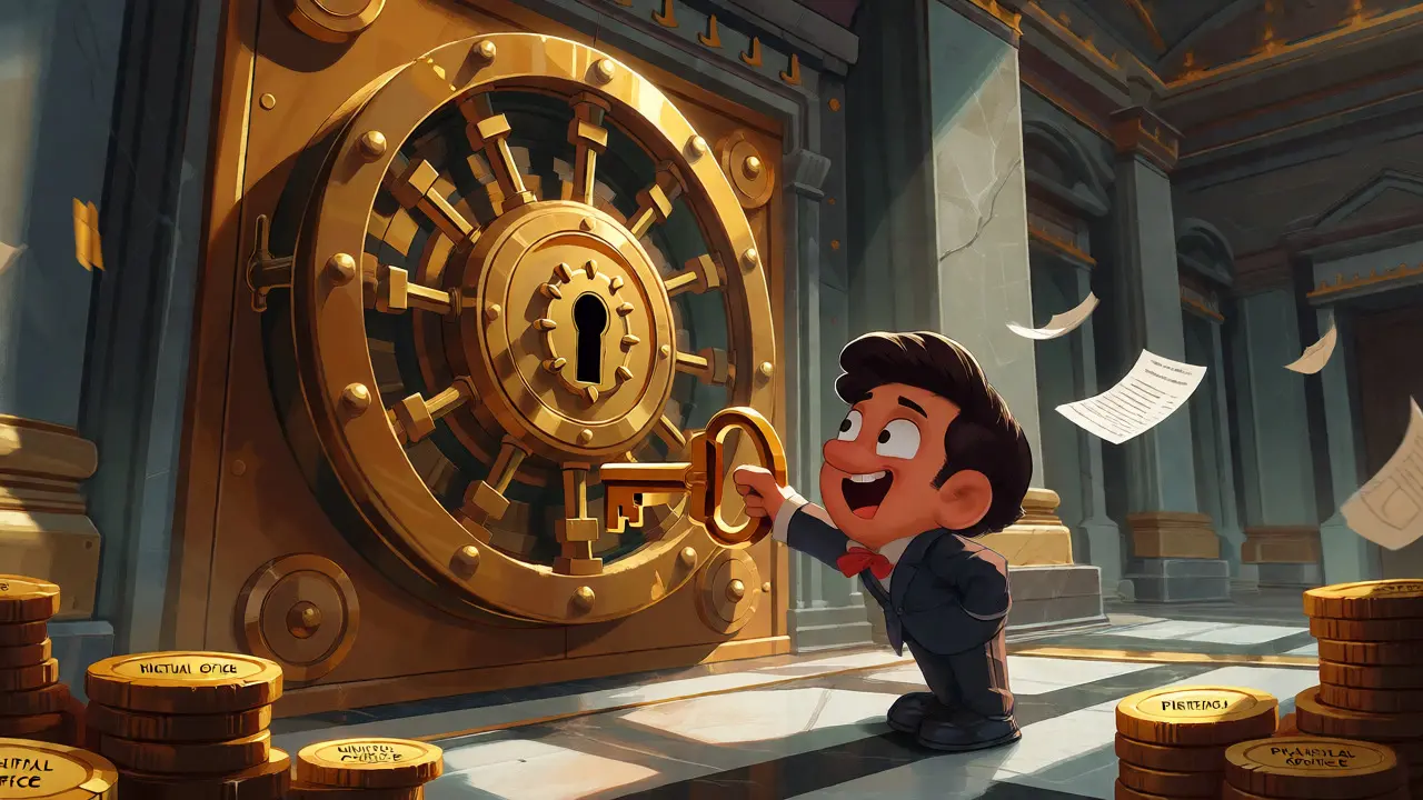 Cartoon exchange struggling to unlock a vault with wrong keys.