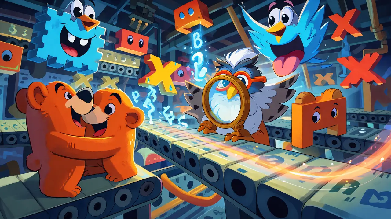 Cartoon logic gate creatures transform bits into polynomials on a magical assembly line.