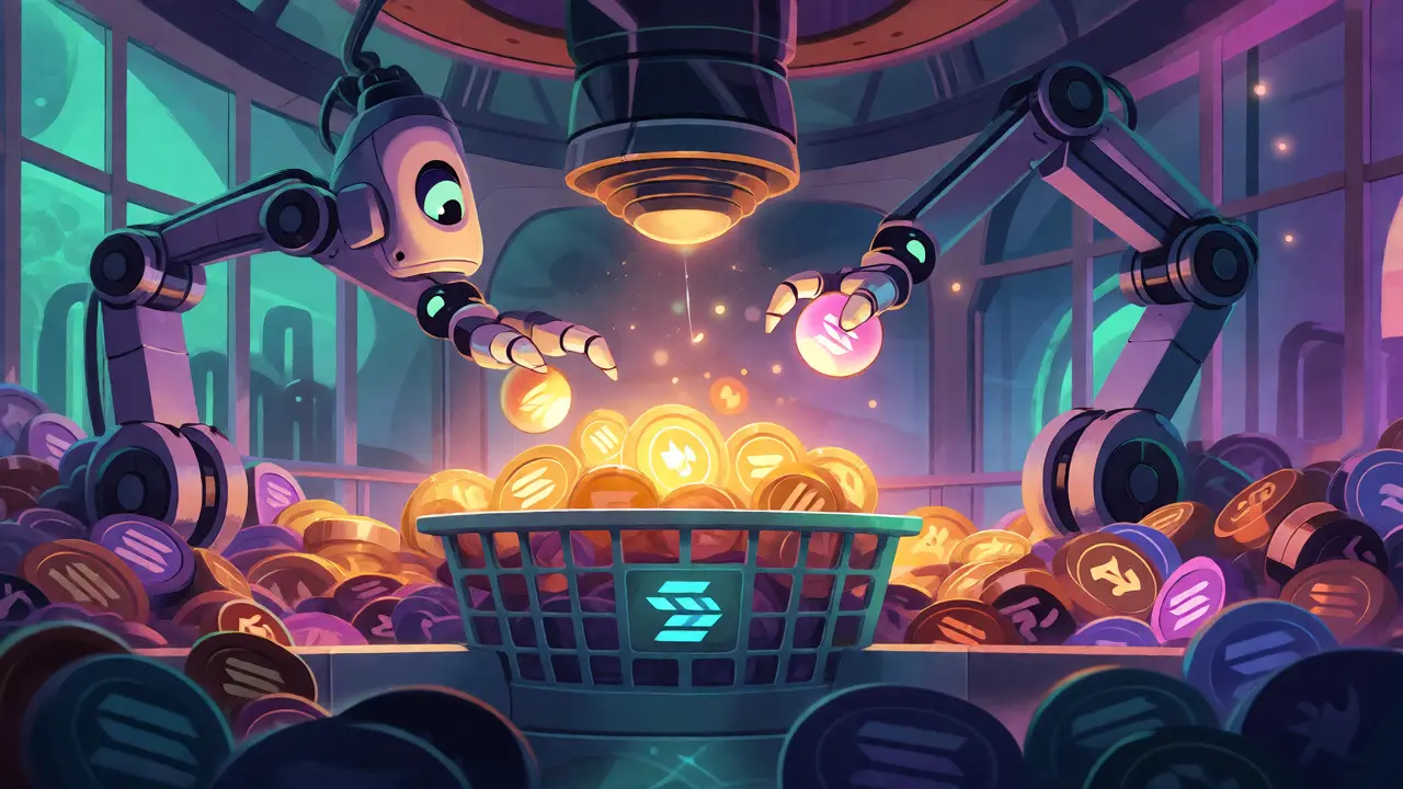 Cartoon robots selecting top AI tokens for the OSOL index in a magical, high-tech factory setting.