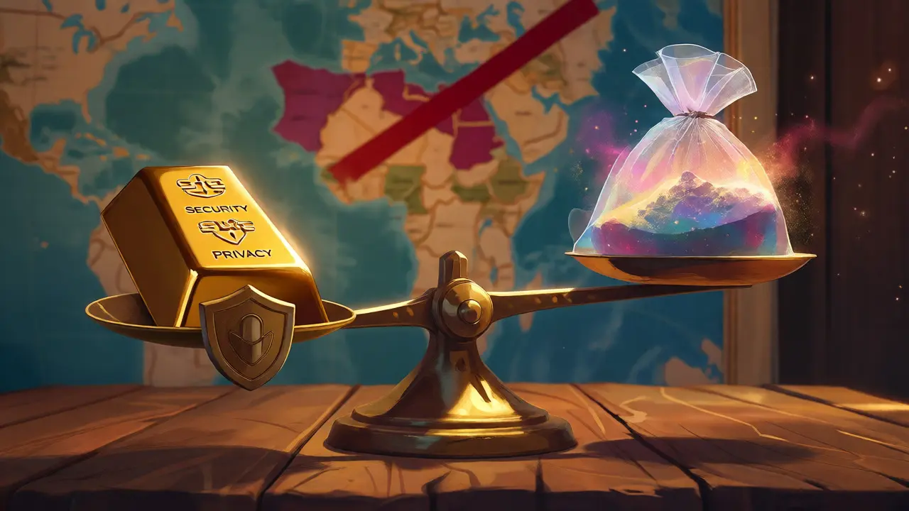 Cartoon scale balancing security and risk with a global map background.