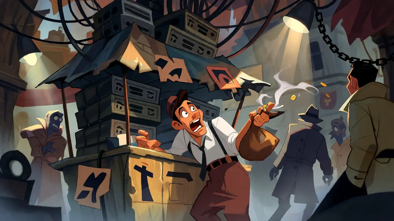 Chaotic market scene with crumbling stalls and lurking authorities
