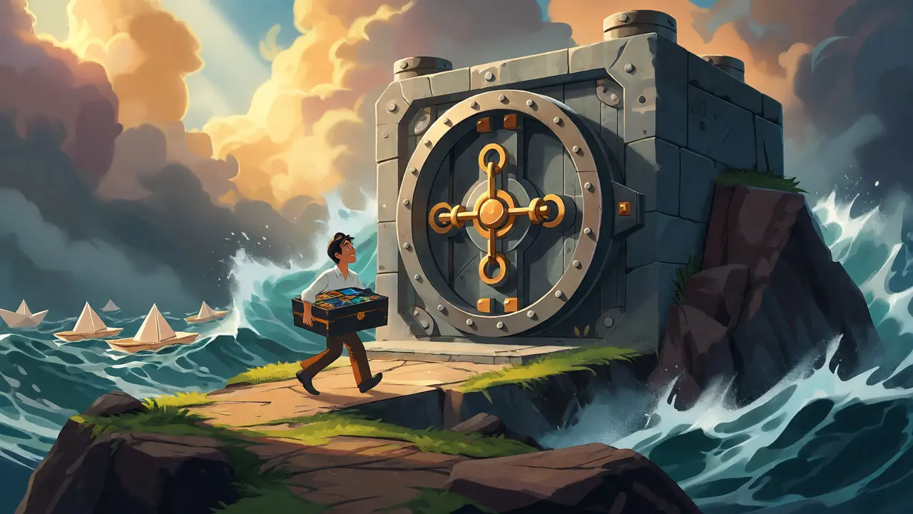 Confident figure approaching secure vault on stable island