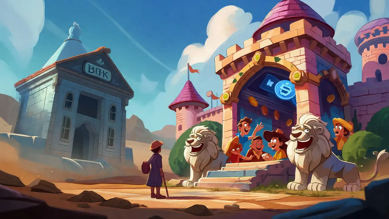 Contrast between a lonely, ghostly exchange building and a bustling, secure trading fortress.