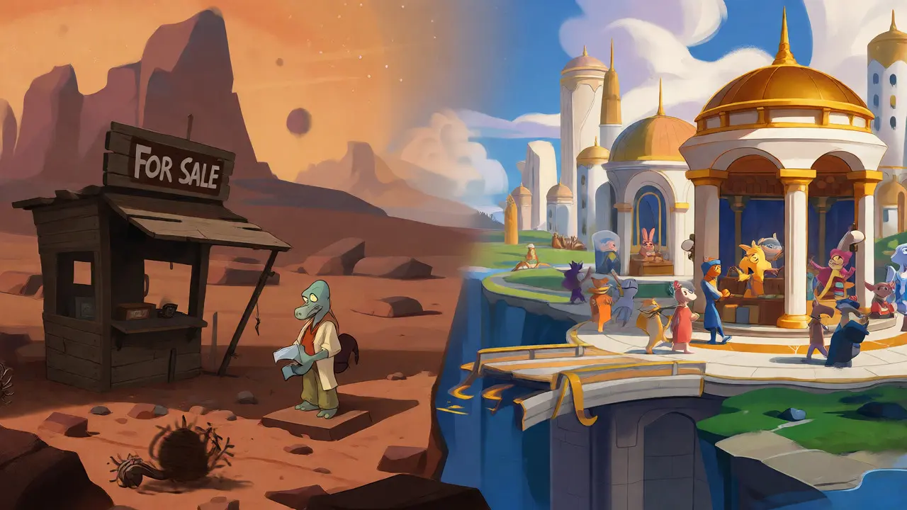 Contrast between a lonely Mars exchange kiosk and a bustling, secure Earth trading city.