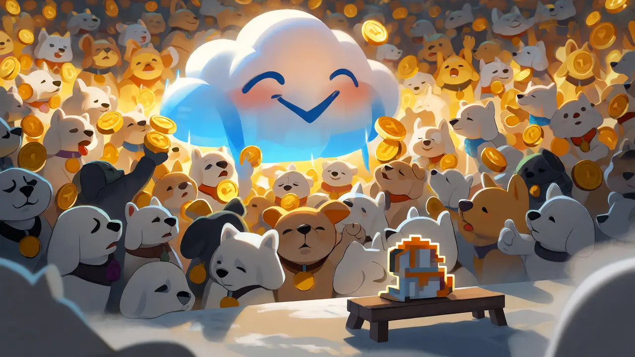 Crowd celebrating DOGS airdrop while a lone DOGGY NFT watches from afar.