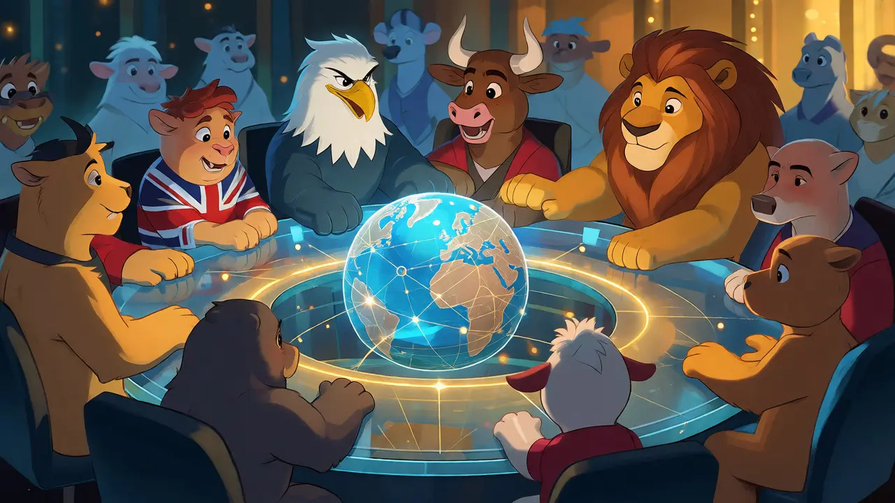 Diverse animal representatives collaborating on global crypto rules