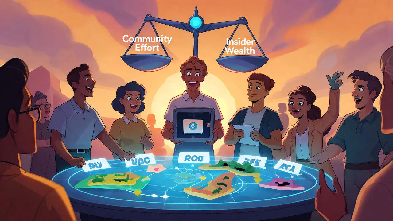 Diverse group voting on protocol future around a glowing holographic table.
