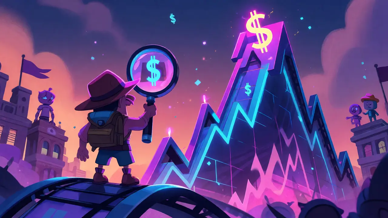 Explorer analyzing volatile crypto market peaks with a magnifying glass.