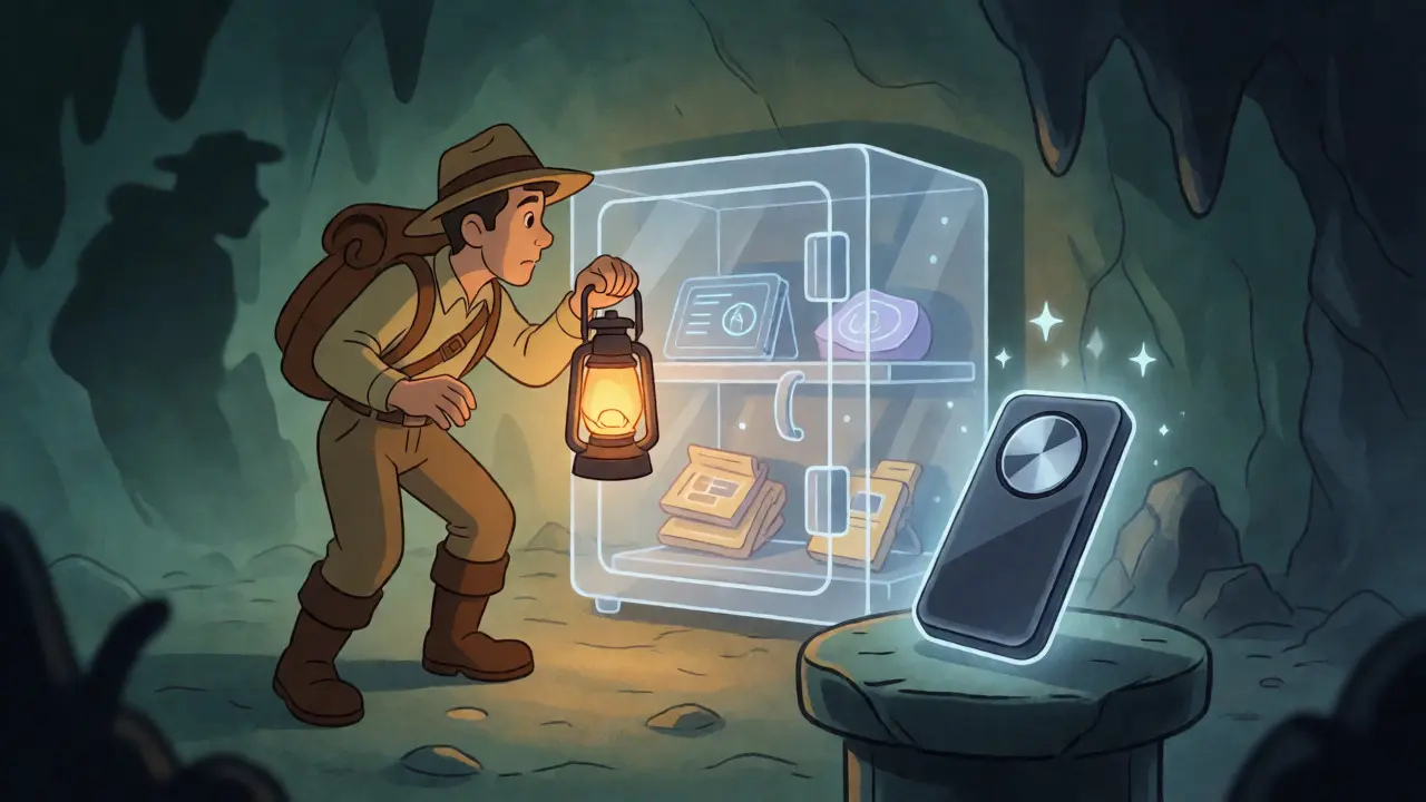 Explorer cautiously checking crypto security and hardware wallet safety.