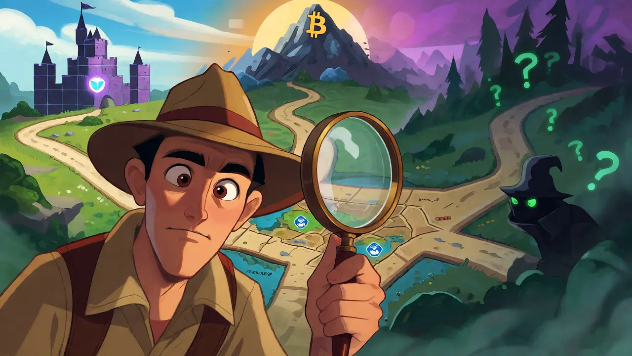 Explorer using a magnifying glass to navigate confusing crypto project paths.