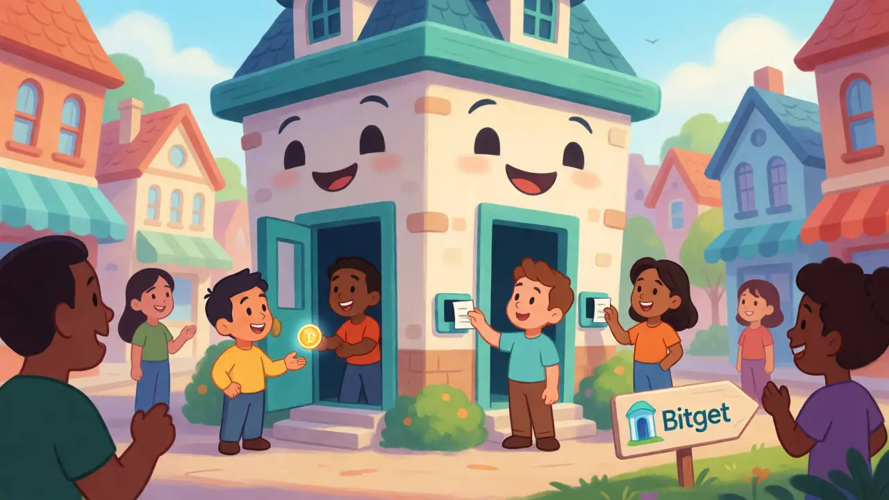 Friendly animated characters engaging with a smiling DeFi lending building in a vibrant town.