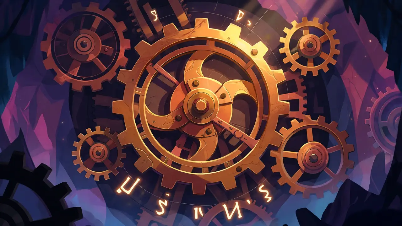Giant golden clockwork gears rotating in a mystical, magical cavern
