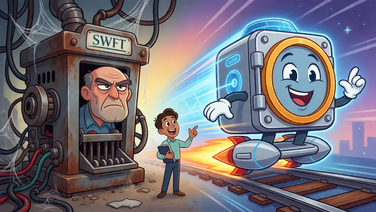 Grumpy old bank machine versus speedy digital vault character on a blockchain rocket rail.