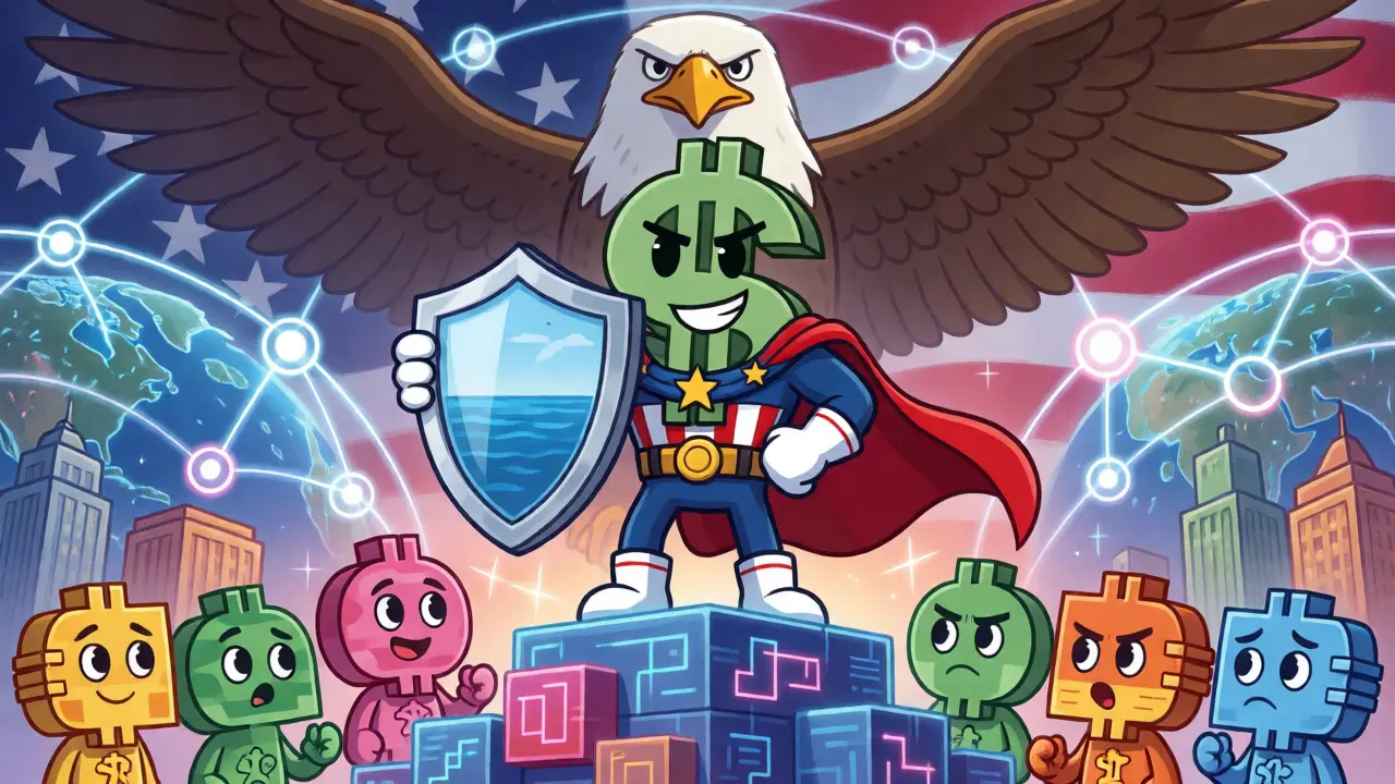 Heroic US Dollar character standing on digital blocks overlooking a global network of currencies.