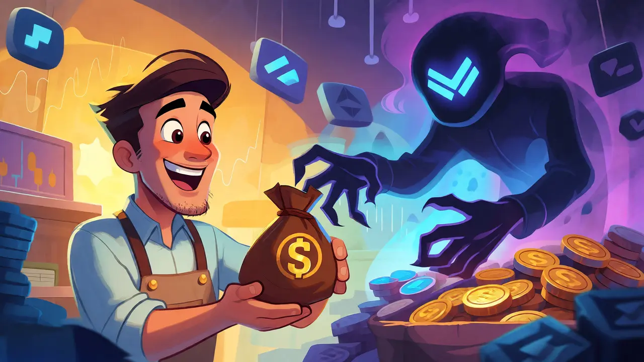 Illustration showing a trader receiving small withdrawals while a shadow grabs their main funds.