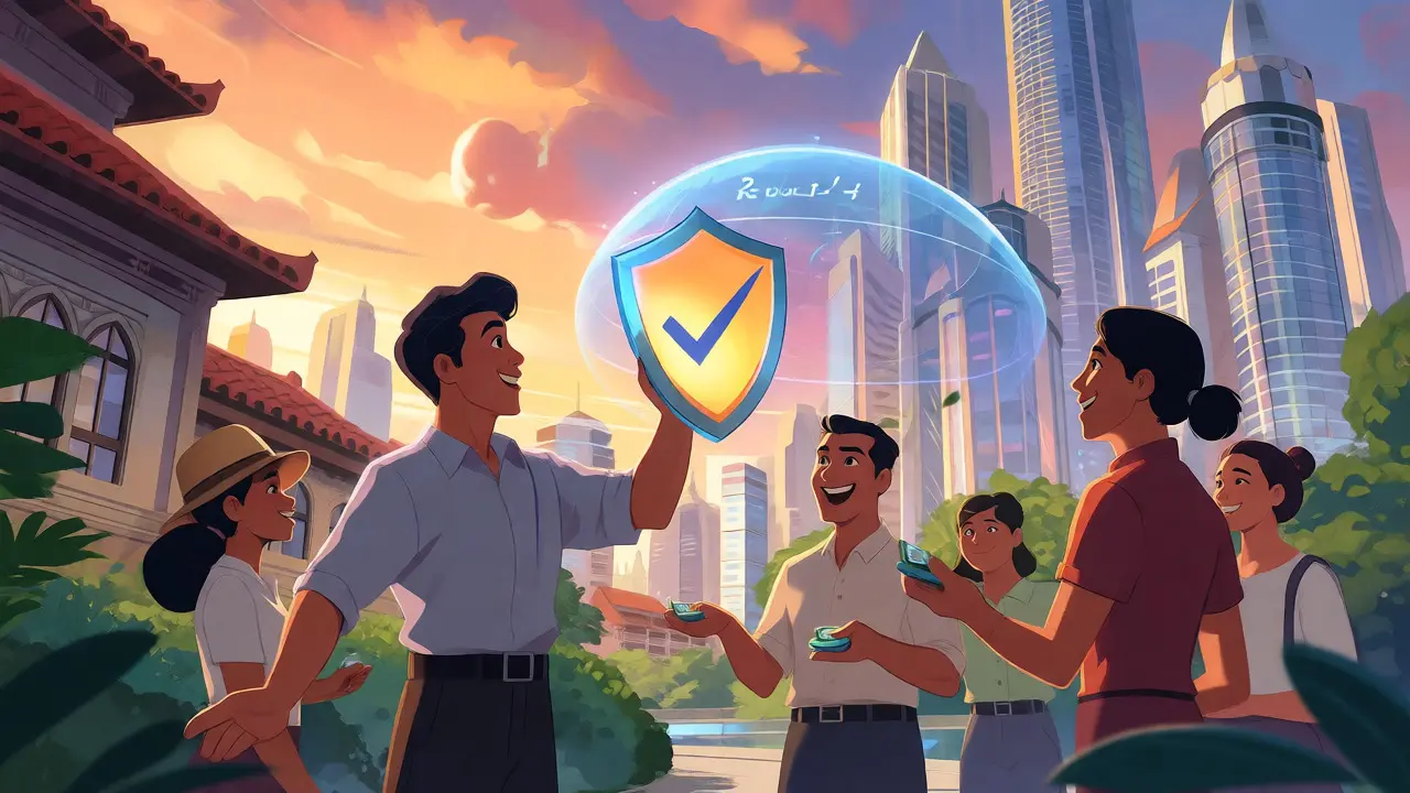 Investors protected by a regulatory shield in a futuristic city.