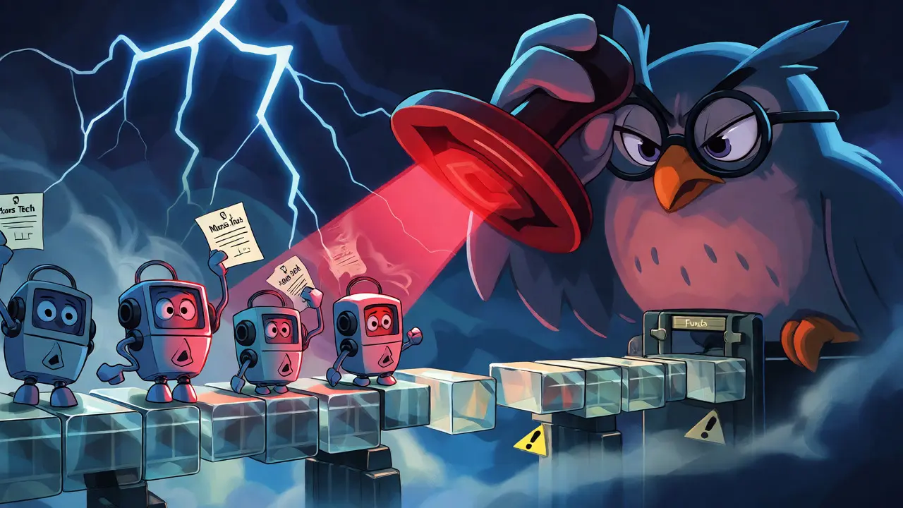 Owl regulator inspecting fake license certificates held by nervous robots on a fragile bridge.