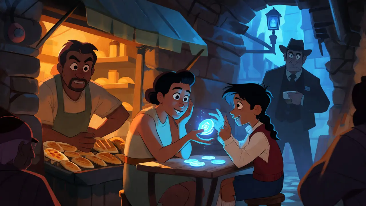 People secretly exchange glowing digital coins in a hidden alleyway.