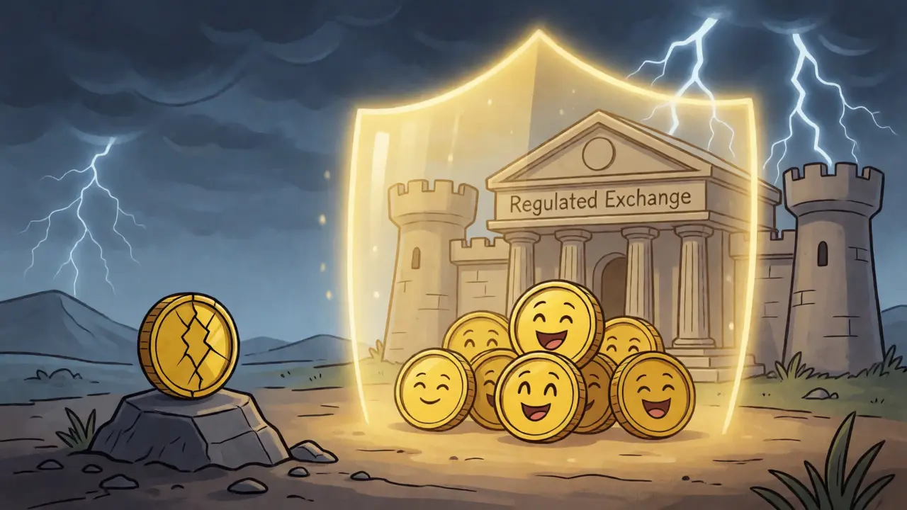 Protected coins inside a golden shield contrast with a lonely, cracked coin in a stormy wasteland.
