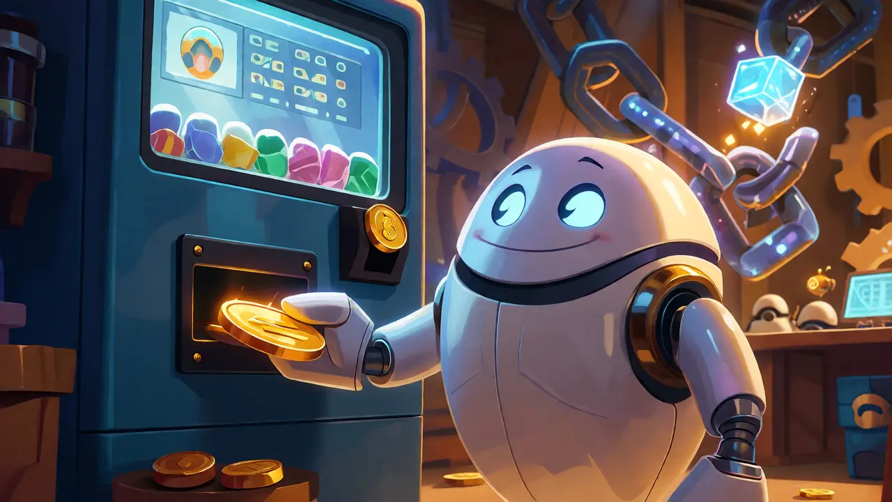 Robot using a smart contract vending machine to add blocks to a chain