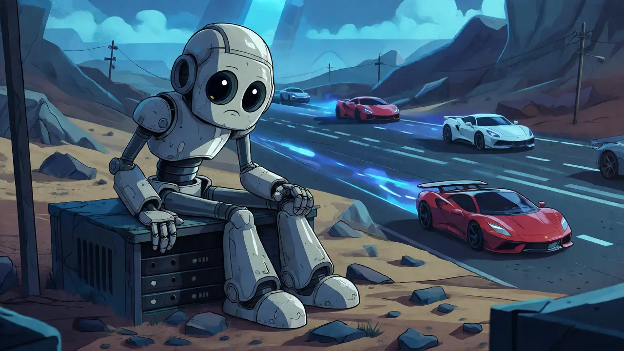 Sad abandoned robot watching modern trading tools speed by