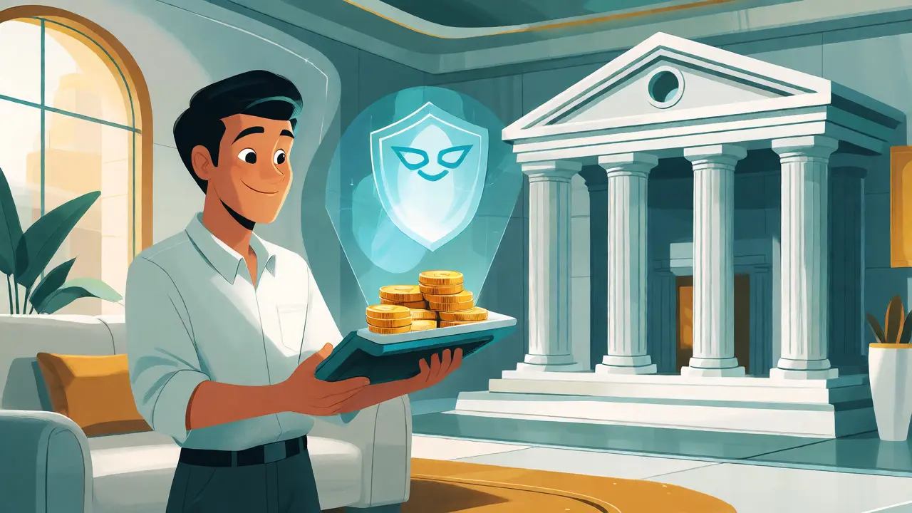 User protected by a digital guardian in a safe financial setting