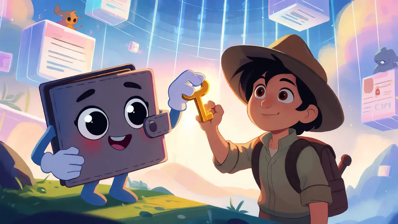 User receiving a key from a wallet character to access the blockchain