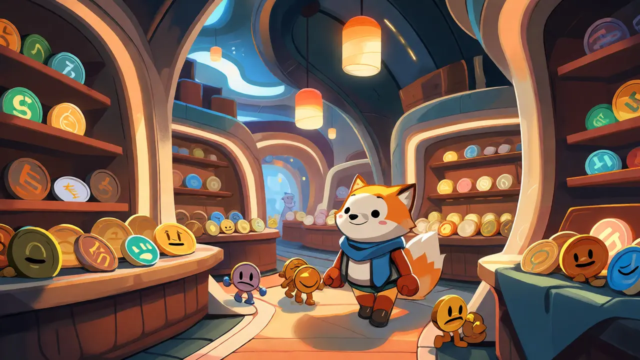 Whimsical cartoon marketplace where animated coins trade obscure tokens.